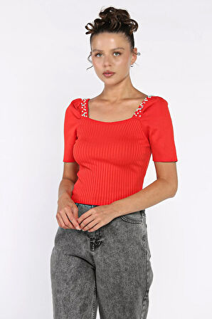 İnci Detaylı Kısa Kol Triko Bluz