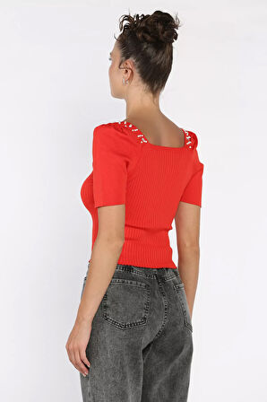 İnci Detaylı Kısa Kol Triko Bluz