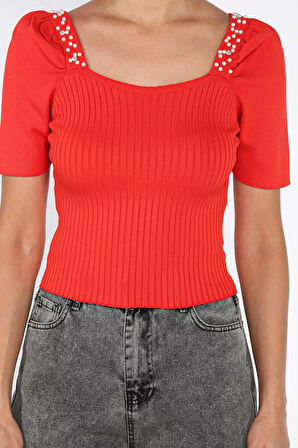 İnci Detaylı Kısa Kol Triko Bluz