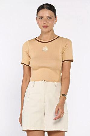 Bisiklet Yaka Nakış Detaylı Likralı Kadın Triko Bluz