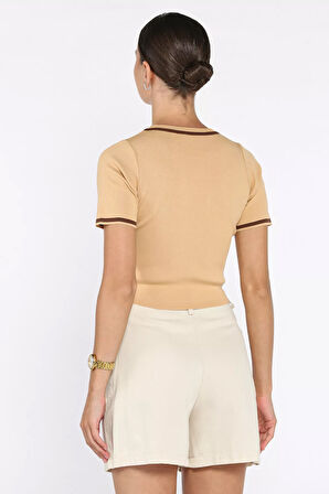 Bisiklet Yaka Nakış Detaylı Likralı Kadın Triko Bluz