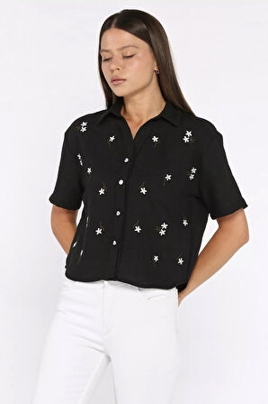 Kadın Nakışlı Keten Gömlek