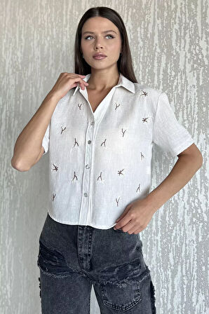 Kadın Nakışlı Keten Gömlek