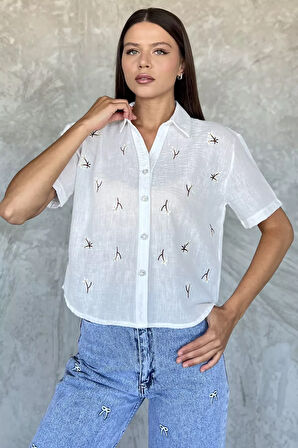 Kadın Nakışlı Keten Gömlek