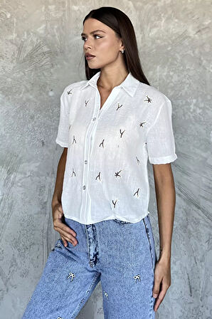 Kadın Nakışlı Keten Gömlek