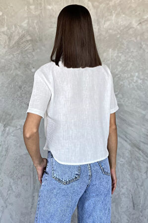 Kadın Nakışlı Keten Gömlek