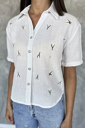 Kadın Nakışlı Keten Gömlek