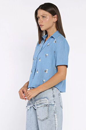 Kadın Nakışlı Keten Gömlek