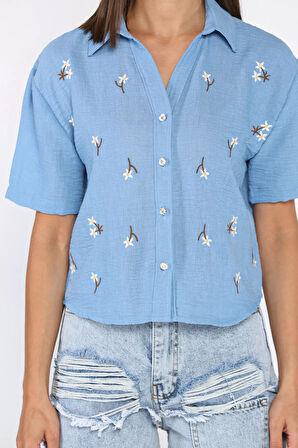 Kadın Nakışlı Keten Gömlek