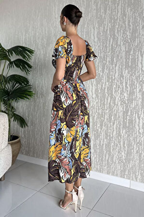 Kadın Sırt Lastikli Ön Bağlama Detaylı Desenli Yırtmaçlı Viskon Elbise