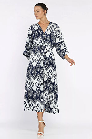 Kadın Kruvaze Yaka Bel Lastikli Yarasa Kol Yırtmaç Detaylı Desenli Elbise