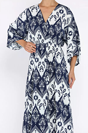 Kadın Kruvaze Yaka Bel Lastikli Yarasa Kol Yırtmaç Detaylı Desenli Elbise