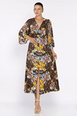 Kadın Kruvaze Yaka Bel Lastikli Yırtmaçlı Desenli Viskon Elbise