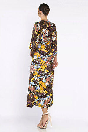 Kadın Kruvaze Yaka Bel Lastikli Yırtmaçlı Desenli Viskon Elbise