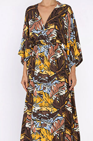 Kadın Kruvaze Yaka Bel Lastikli Yırtmaçlı Desenli Viskon Elbise