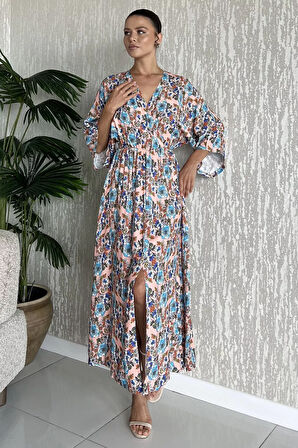 Kadın Kruvaze Yaka Bel Lastikli Yırtmaçlı Desenli Viskon Elbise