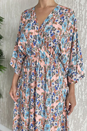 Kadın Kruvaze Yaka Bel Lastikli Yırtmaçlı Desenli Viskon Elbise