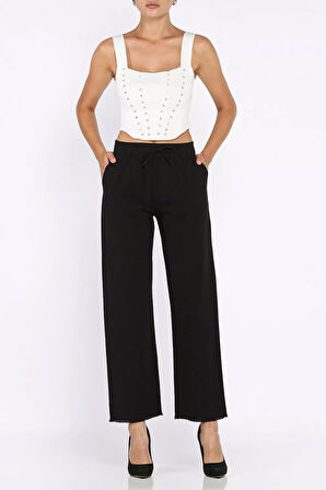 Bel Lastikli Paça Püsküllü Kadın Keten Pantolon