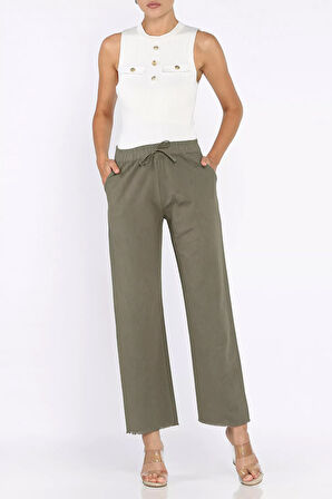 Bel Lastikli Paça Püsküllü Kadın Keten Pantolon