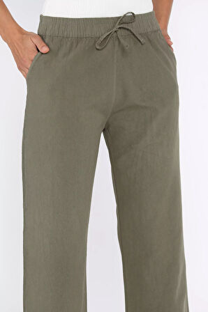 Bel Lastikli Paça Püsküllü Kadın Keten Pantolon