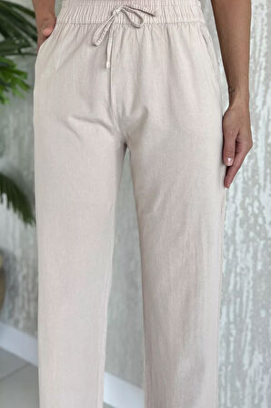 Bel Lastikli Paça Püsküllü Kadın Keten Pantolon