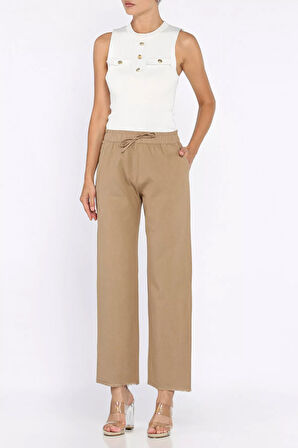 Bel Lastikli Paça Püsküllü Kadın Keten Pantolon