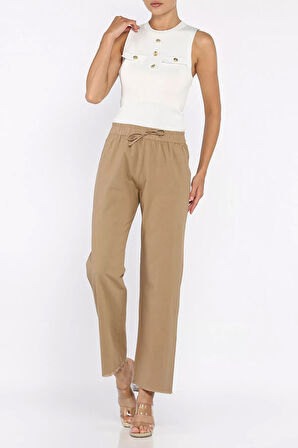 Bel Lastikli Paça Püsküllü Kadın Keten Pantolon