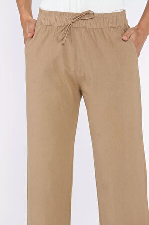 Bel Lastikli Paça Püsküllü Kadın Keten Pantolon