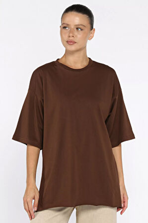 Kadın Bisiklet Yaka Yan Yırtmaç Detaylı Salaş T-shirt