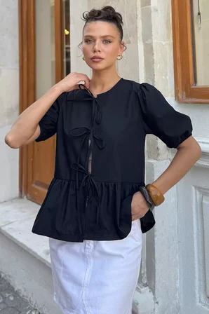 Kadın Ön Bağlama Detaylı Fırfırlı Kol Lastikli Bluz