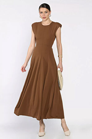 Kadın Omuz Vatkalı Bel Bağcıklı Sıfır Kol Elbise