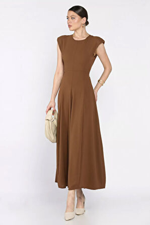 Kadın Omuz Vatkalı Bel Bağcıklı Sıfır Kol Elbise