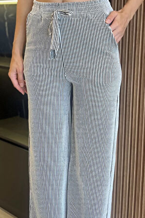 Kadın Yüksek Bel Çizgi Desenli Su Yolu Palazzo Pantolon