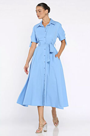 Düğmeli Ve Pileli Kısa Kol Uzun Elbise