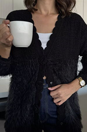 Gül Detaylı Sakallı Kadın Triko Hırka