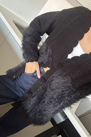 Gül Detaylı Sakallı Kadın Triko Hırka