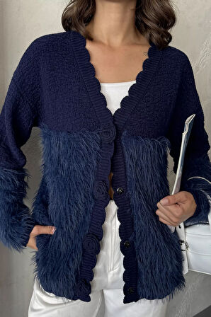 Gül Detaylı Sakallı Kadın Triko Hırka