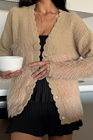 Gül Detaylı Sakallı Kadın Triko Hırka