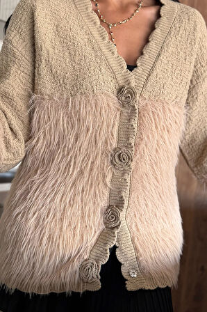 Gül Detaylı Sakallı Kadın Triko Hırka