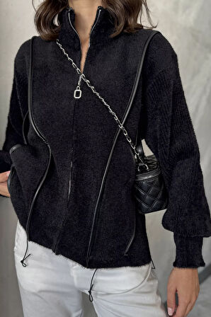 Deri Detaylı Angora İplik Kadın Triko Ceket