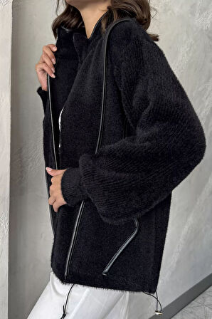 Deri Detaylı Angora İplik Kadın Triko Ceket