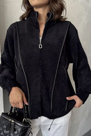 Deri Detaylı Angora İplik Kadın Triko Ceket