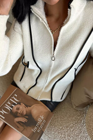 Deri Detaylı Angora İplik Kadın Triko Ceket