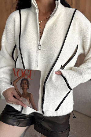 Deri Detaylı Angora İplik Kadın Triko Ceket