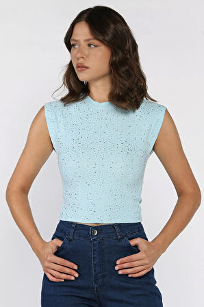 Taşlı Crop Top Bluz