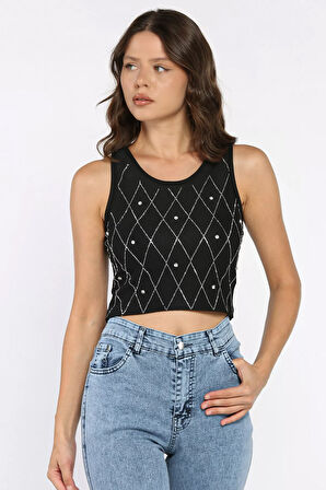 Taşlı Sıfır Kol Crop Top Bluz