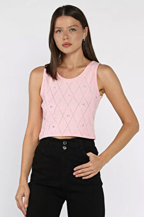 Taşlı Sıfır Kol Crop Top Bluz