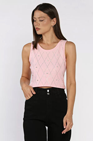 Taşlı Sıfır Kol Crop Top Bluz