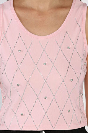 Taşlı Sıfır Kol Crop Top Bluz