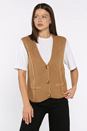 Kadın Düğmeli Triko Yelek (s-m-l-xl Uyumludur)